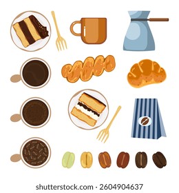Vector illustration set of freshly roasted and ground coffee drinks, aromatic coffee, bubble tea menu, bakery, desserts, cold and hot coffee, isolated on background for food, drinks and coffee shop.
