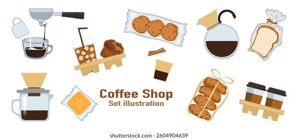 Vector illustration set of freshly roasted and ground coffee drinks, aromatic coffee, bubble tea menu, bakery, desserts, cold and hot coffee, isolated on background for food, drinks and coffee shop.
