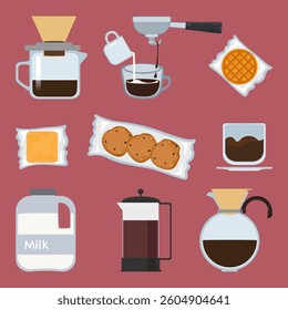 Vector illustration set of freshly roasted and ground coffee drinks, aromatic coffee, bubble tea menu, bakery, desserts, cold and hot coffee, isolated on background for food, drinks and coffee shop.
