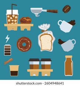 Vector illustration set of freshly roasted and ground coffee drinks, aromatic coffee, bubble tea menu, bakery, desserts, cold and hot coffee, isolated on background for food, drinks and coffee shop.
