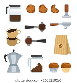 Vector illustration set of freshly roasted and ground coffee drinks, aromatic coffee, bubble tea menu, bakery, desserts, cold and hot coffee, isolated on background for food, drinks and coffee shop.
