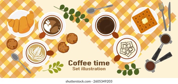 Vector illustration set of freshly roasted and ground coffee drinks, aromatic coffee, bubble tea menu, bakery, desserts, cold and hot coffee, isolated on background for food, drinks and coffee shop.
