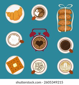 Vector illustration set of freshly roasted and ground coffee drinks, aromatic coffee, bubble tea menu, bakery, desserts, cold and hot coffee, isolated on background for food, drinks and coffee shop.
