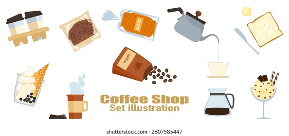 Vector illustration set of freshly roasted and ground coffee drinks, aromatic coffee, bubble tea menu, bakery, desserts, cold and hot coffee, isolated on background for food, drinks and coffee shop.