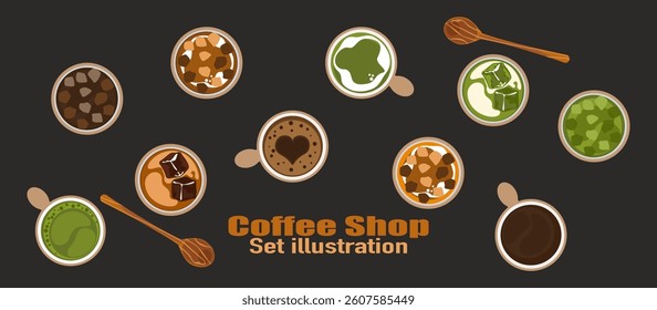 Vector illustration set of freshly roasted and ground coffee drinks, aromatic coffee, bubble tea menu, bakery, desserts, cold and hot coffee, isolated on background for food, drinks and coffee shop.