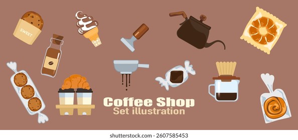 Vector illustration set of freshly roasted and ground coffee drinks, aromatic coffee, bubble tea menu, bakery, desserts, cold and hot coffee, isolated on background for food, drinks and coffee shop.