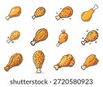 Vector illustration set of fried chicken drumsticks in various cartoon styles isolated on white background.