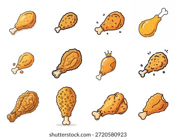 Conjunto de Ilustración vectorial de baquetas de pollo frito en varios estilos de dibujos animados aislados sobre fondo blanco.