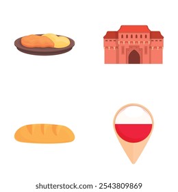 Vector illustration set of a fried egg, historical building, bread, and map pin