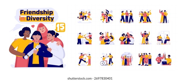 Ilustração vetorial conjunto de amizade, unidade e igualdade na diversidade. Pessoas se apoiando. A humanidade celebrando juntos.