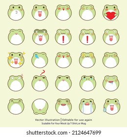 vector illustration set of frog emoticons. Set of cute cartoon green frog emoji set isolated on white background. Vector Illustration.