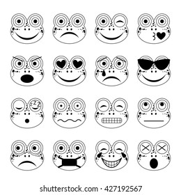 vector illustration set of frog emoticons in black and white 