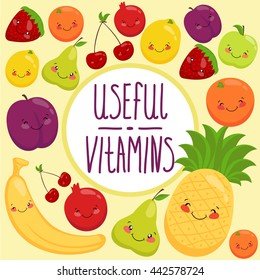 Vector illustration set of fruit, vitamins, fruit juice, vegetarian food.