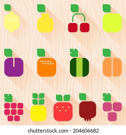Vector Illustration Set of fruits and berries with leaves. Flat style icons