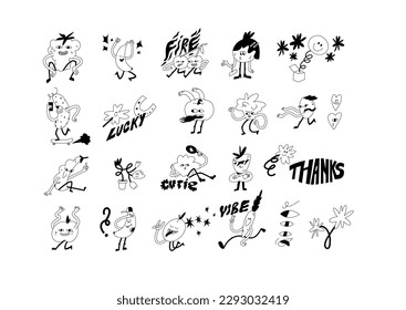 Vector illustration set of fruits characters ?n retro style. Groovy line stickers for print