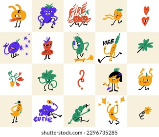 Vector illustration set of fruits characters ?n retro style. Groovy colorful stickers for print