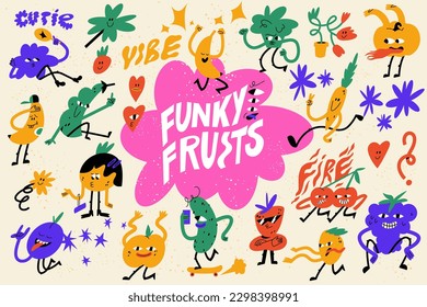 Vector illustration set of fruits characters ?n retro style. Groovy colorful stickers for print