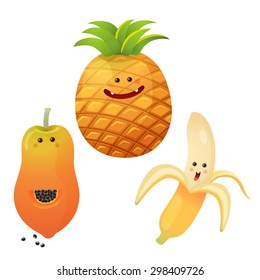 Ilustración vectorial de un conjunto de personajes de frutas peladas banana, manzana de pino, papaya