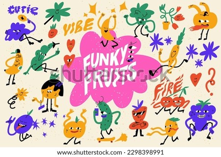 Vector illustration set of fruits characters ?n retro style. Groovy colorful stickers for print Foto stock © 