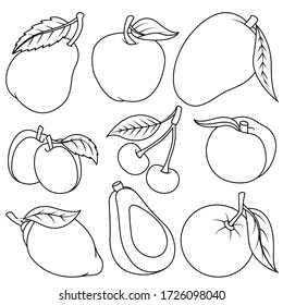 Ilustración vectorial. Un conjunto de frutas. Colorido de la página. Ilustración infantil. Línea negra. Aislado en blanco. Apple, pera, aguacate, mango, melocotón, ciruela, limón, naranja, cereza.