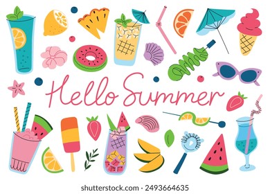 Ilustración vectorial de frutas, helados, bebidas de verano y limonadas, con letras de hola de verano. Refrescante, tema tropical en estilo plano de dibujos animados. Colección de iconos para fiestas de verano