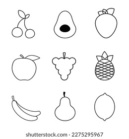 Vector illustration set of fruits icons.In line-art style,on white background.Print for textile,web design,social networks.Wrap,packing,paper,logo.Modern.Apple,banana,grape,pear,Eps 10.