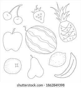 Vector illustration. Set of fruits. Non-color illustrations. Watermelon, Pineapple, Lemon, Banana, Pear, Apple, Cherry, Strawberry, Orange