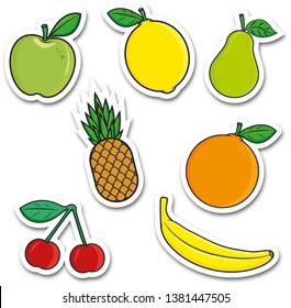 Vector illustration set of fruits. 
Sticker fruit. Apple, Banana, Lemon, Pear, Ananas, Cherry, Orange.