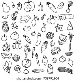 vector illustration set of fruits and vegetables doodle drawn in black outline on white background