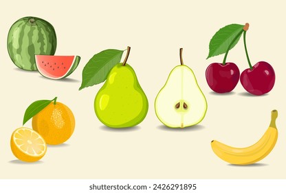 Vector illustration of a set of fruits watermelon, orange, pear and cherry and banana.