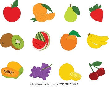 Vector illustration of a set of fruits in a white or transparent background. Apple, orange, pear, strawberry, kiwi, watermelon, peach, bananas, papaya, grapes, lemon and cherries