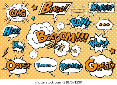 Un juego de globos de estilo cómico americano con letras. Ilustración vectorial.