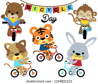 Vector illustration set of funny animals cartoon bicycling.