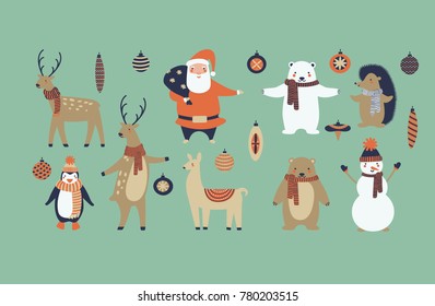 a vector illustration set  of funny animals, santa claus, snowman, deers, lama, bears, hedgehog and penguin; hand drawn characters; cartoon flat design great for Christmas, New Year, winter, kids them