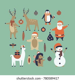 vector illustration set  of funny animals, santa claus, snowman, deers, lama, bears, hedgehog and penguin; hand drawn characters; cartoon flat design great for Christmas, New Year, winter, kids theme