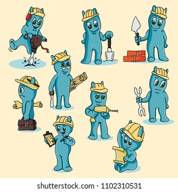 vector illustration of a set of funny blue men in Chibi style with horns in different situations and various construction objects, poses and emotions, doodles