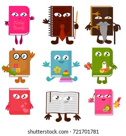 Vector illustration set of funny book characters isolated on white background. Childish bright and colorful books with smiling faces, arms and legs, school, education concept.