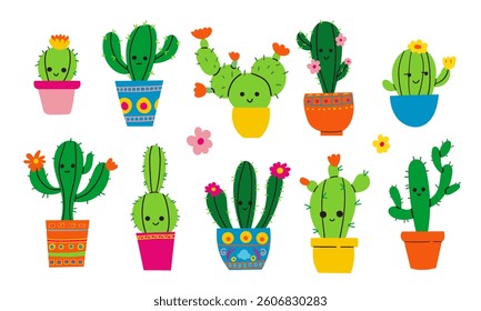 Vector illustration set of funny cactus characters in cartoon style isolated on white background