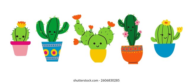 Vector illustration set of funny cactus characters in cartoon style isolated on white background
