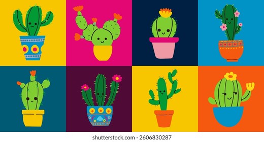 Vector illustration set of funny cactus characters in cartoon style isolated on colorful background