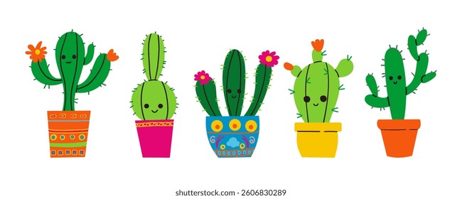 Vector illustration set of funny cactus characters in cartoon style isolated on white background