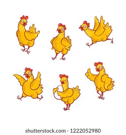 Vector illustration set of funny cartoon hen in different poses isolated on white background - cute hand drawn yellow smiling chicken standing along and with egg, running and having fun.