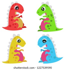Vector illustration set with funny cartoon colorful dinosaur character.