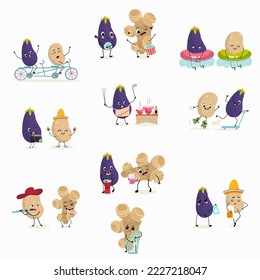 Vector illustration set of funny cartoon character of eggplant, potato and Jerusalem artichoke with musical instruments, doing sports, transportation, healthy food, ingredients.