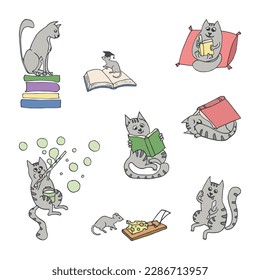 vector illustration of set with funny cats. Hand drawn cute cats