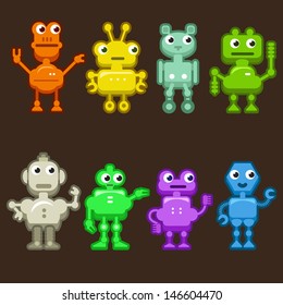 Vector Illustration: Set of Funny and Colorful Robots on Dark. Positive Droids