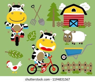 vector illustration set of funny cow cartoon with farm animals,  farmyard elements