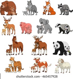 Vector illustration set of funny exotic animals, children and parents