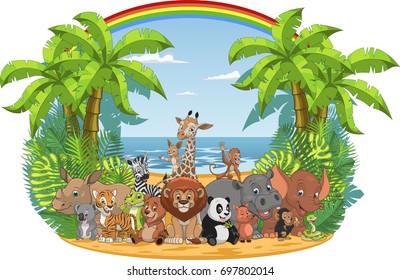 Vector illustration of a set of funny exotic animals in the wild in the jungle
