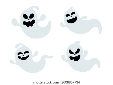 Vector illustration with set of funny flat ghosts. Cute ghosts isolated on white background. Vector illustration of symbols of halloween.